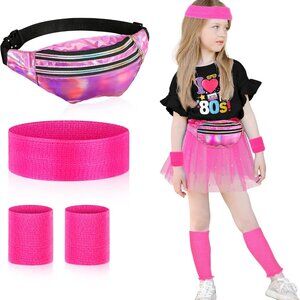 5 Pcs 80s Neon Leg Warmers Set for Kids Girls Knit Pink Leg Warmers Pack Headban